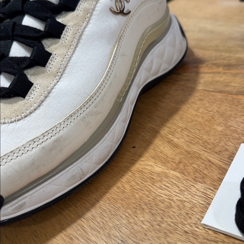 CHANEL White and Black Lace-Up Sneakers - Picture 8 of 11
